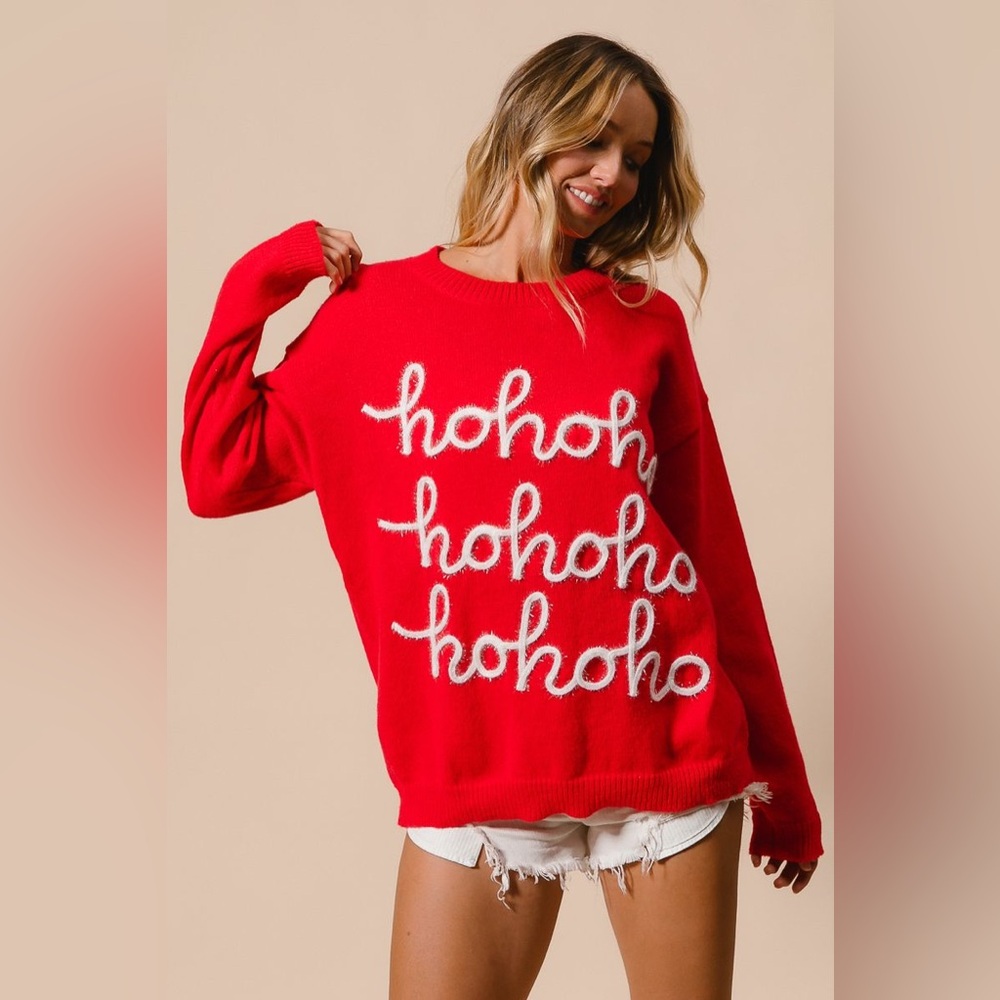 NEW ARRIVAL:  BIBI SLIGHTLY TILTED TINSEL HO HO HO LETTERING CHRISTMAS SWEATER - Picture 4 of 6